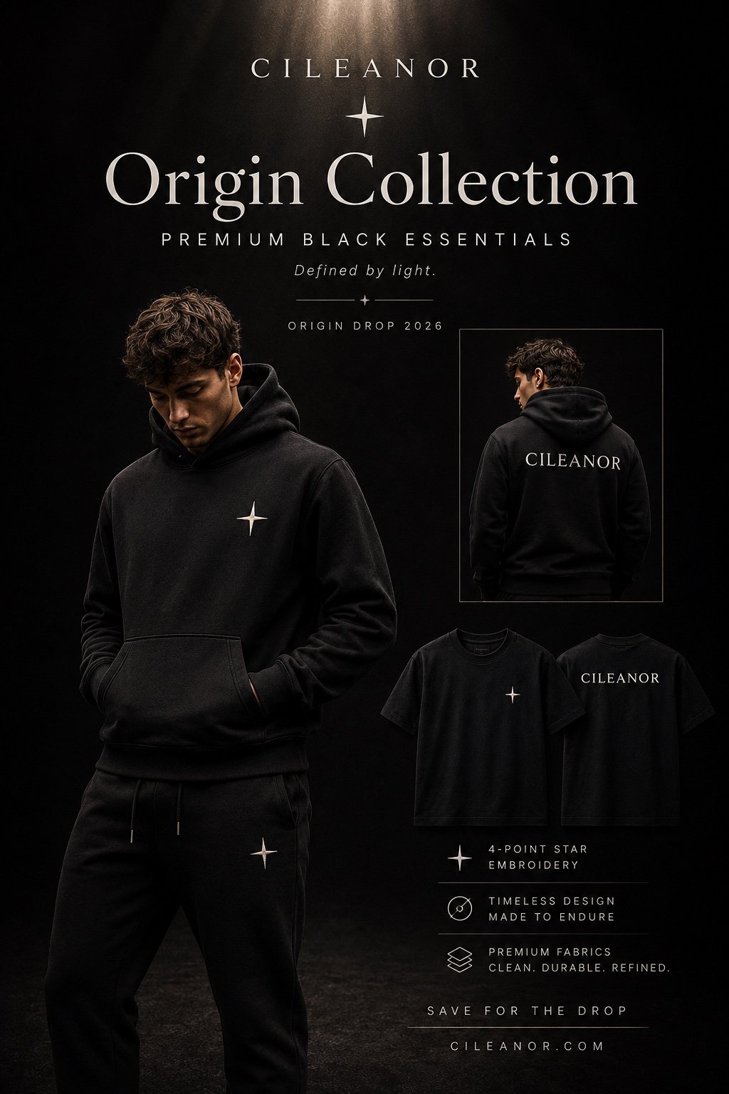 CILEANOR Origin Collection black hoodie joggers and T-shirt concept