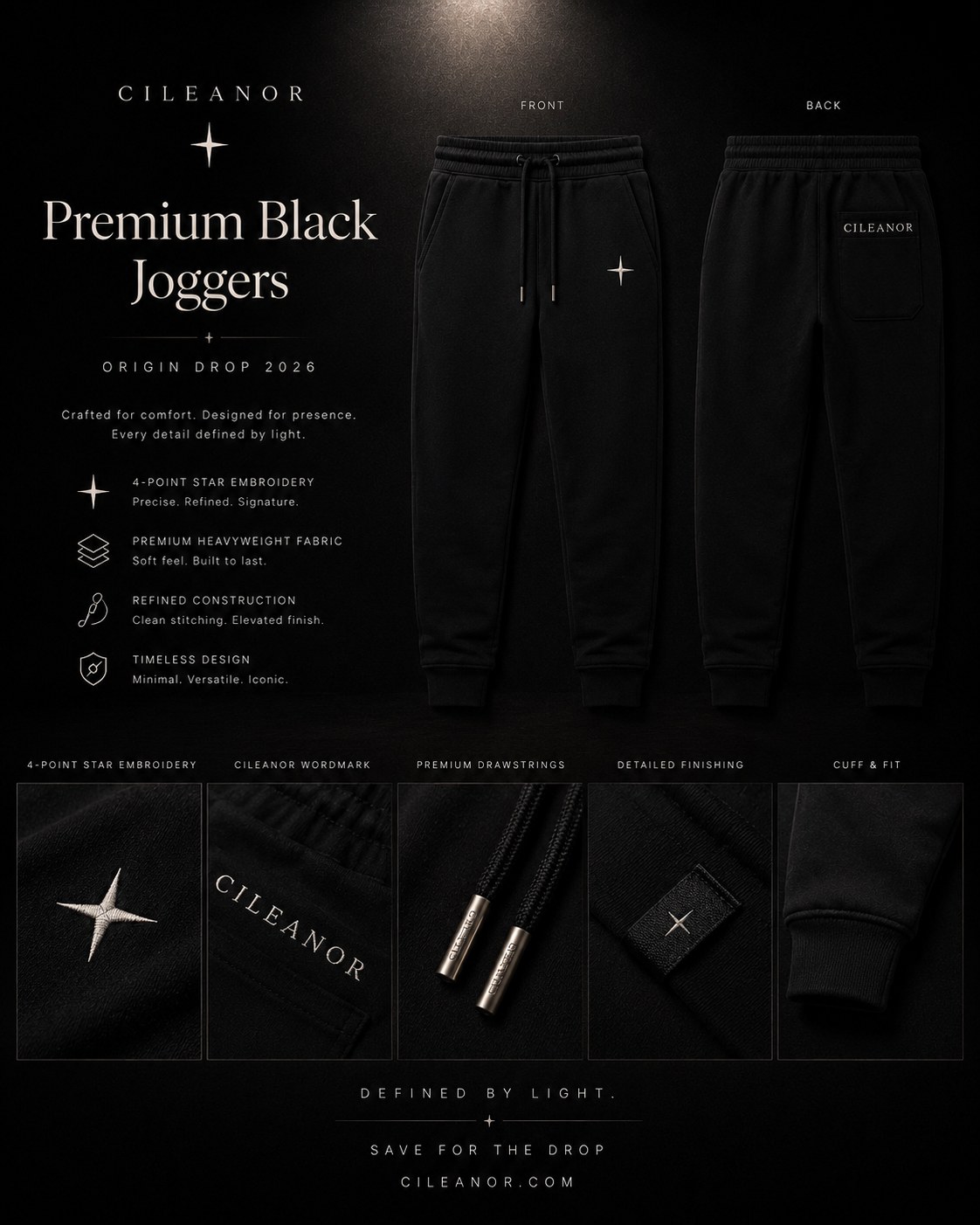 CILEANOR premium black joggers front and back with 4-point star embroidery and back pocket wordmark