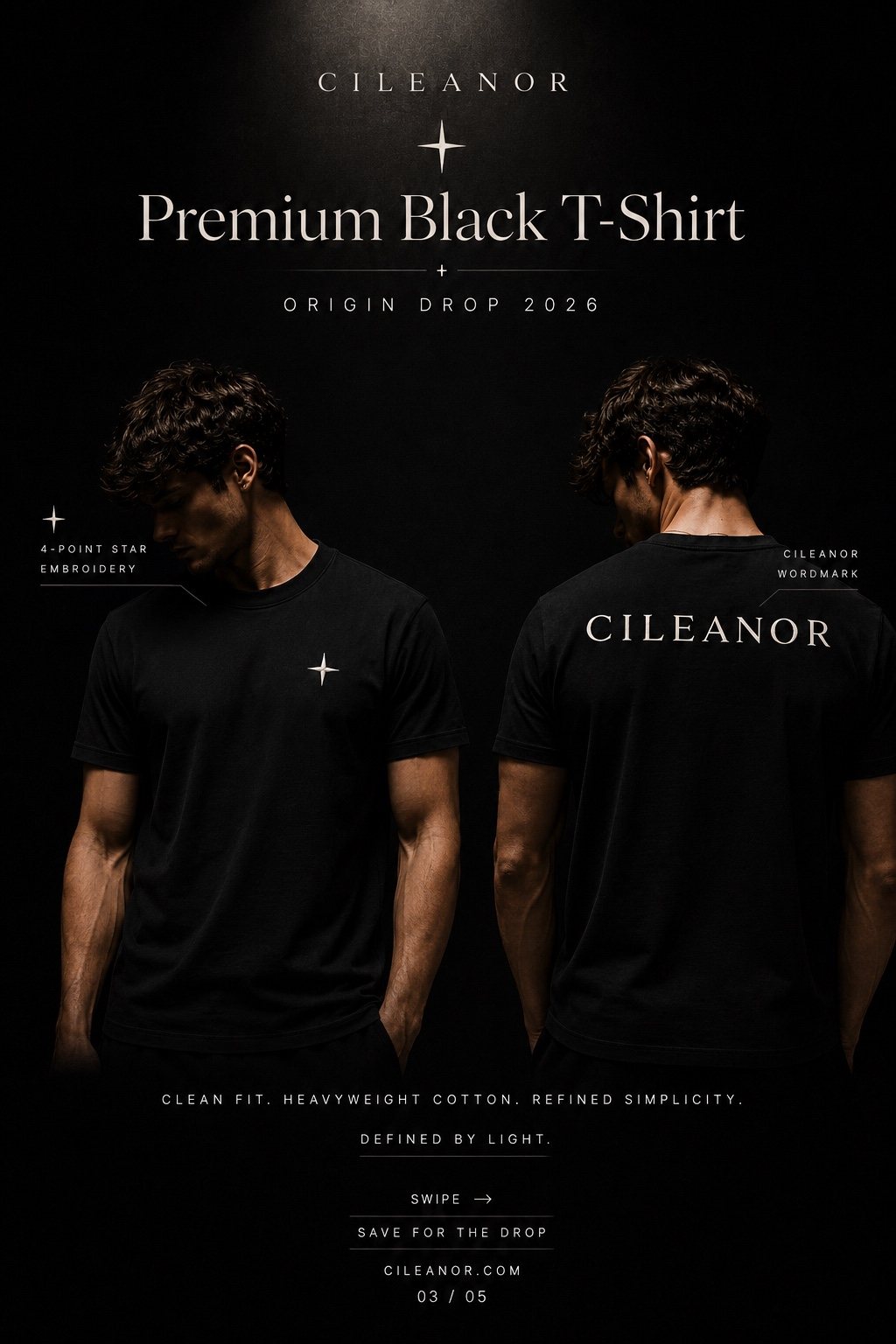 CILEANOR premium black T-shirt front star embroidery and back wordmark