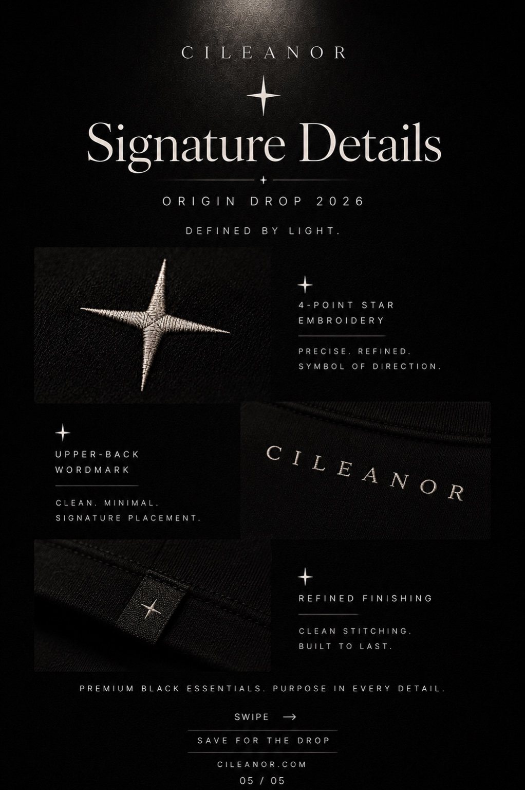 CILEANOR signature details layout with star embroidery and upper-back wordmark
