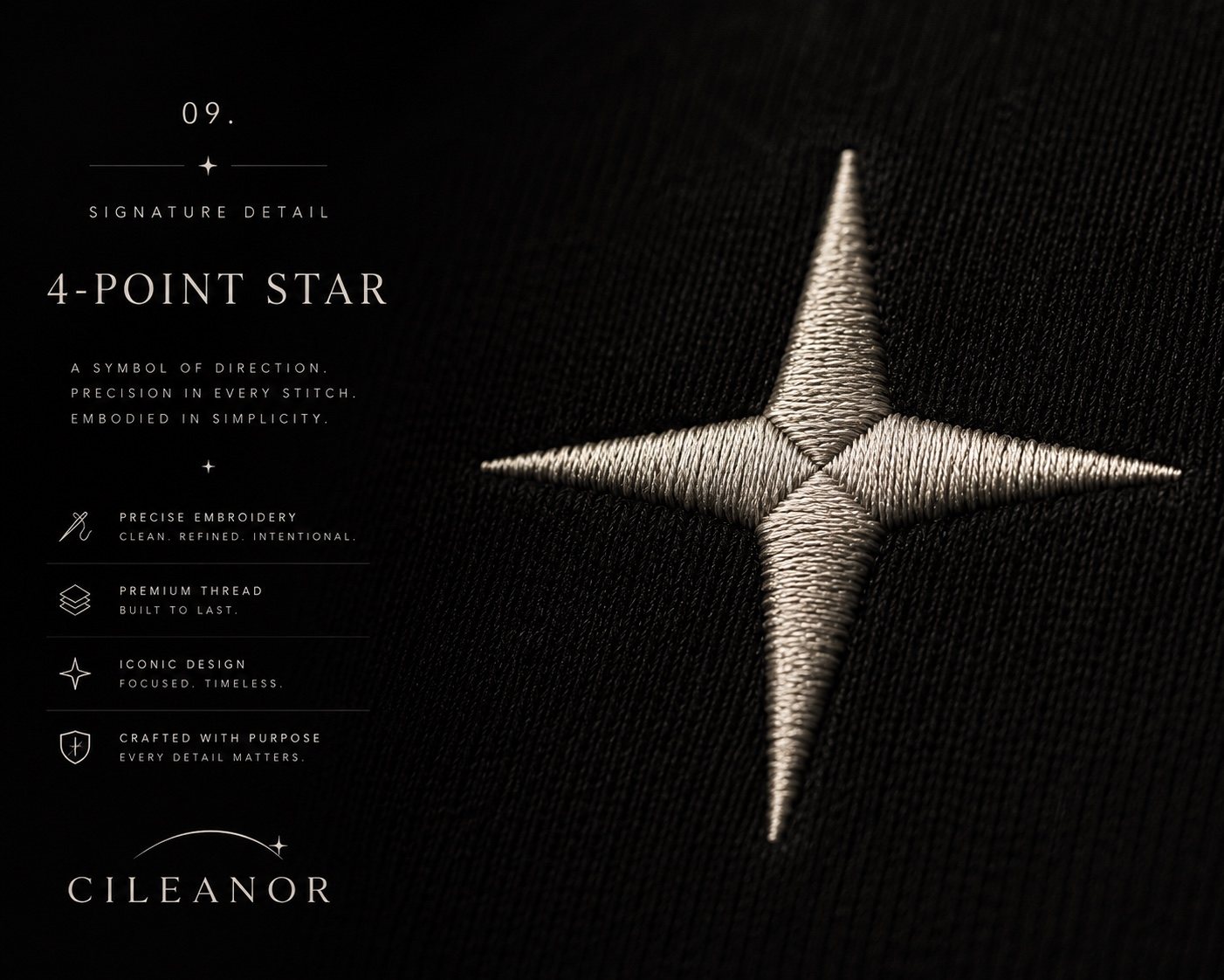 CILEANOR 4-point star embroidery close-up on black fabric
