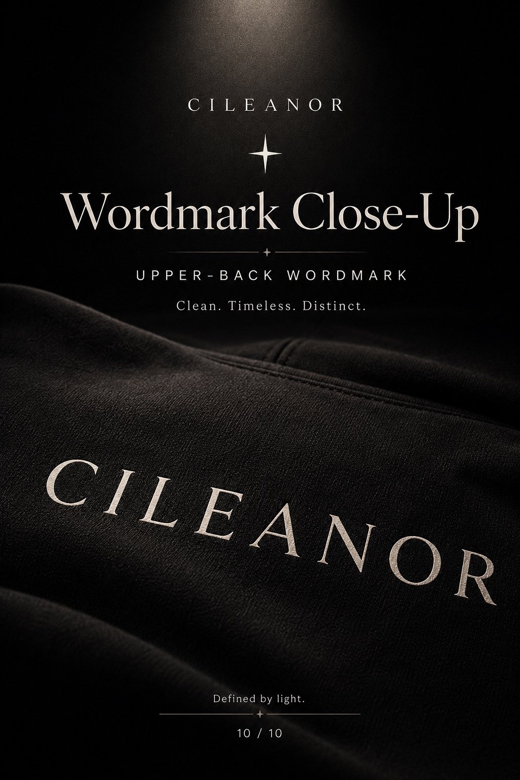CILEANOR upper-back wordmark close-up on black fabric
